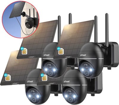 ieGeek 4G LTE Bewakingscamera Buiten met SIM-kaart – 2K Ultra HD, Nachtzicht, Bewegingsdetectie, IP67, 360° Draaibaar – Incl. Zonnepaneel – Voor Tuin, Erf & Bedrijf - Zwart - 4 stuks