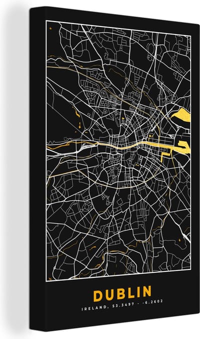 Canvas Schilderij Dublin - Goud - Plattegrond - Stadskaart - Kaart - 20x30 cm - Wanddecoratie