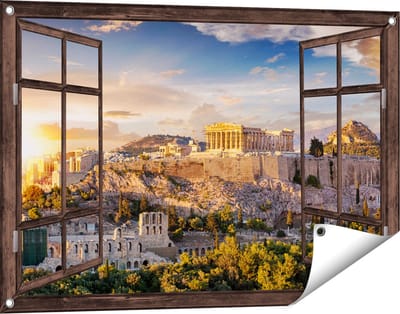 Gards Tuinposter Doorkijk Akropolis van Athene, Griekenland - Architectuur - 90x60 cm - Tuindoek - Tuindecoratie - Wanddecoratie buiten - Tuinschilderij