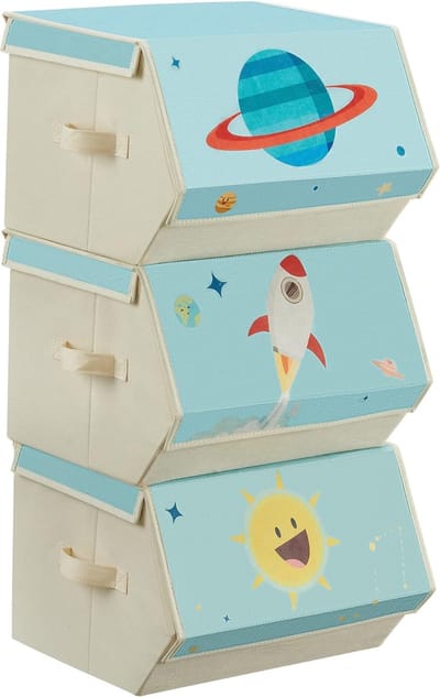 Kinderopbergdoos - Set van 3 - Opvouwbare dozen - Speelgoedkist met deksel - 38 x 35 x 25 cm - voor Kinderkamer - Speelkamer - Ruimtemotieven - Blauw