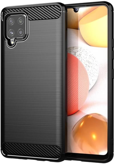 Cadorabo Hoesje geschikt voor Samsung Galaxy A42 4G in Brushed Zwart - Beschermhoes van flexibel TPU siliconen in roestvrij staal-carbonvezel look Case Cover