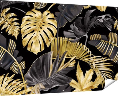 Gards Tuinposter Gouden Tropische Bladeren - 180x120 cm - Tuindoek - Tuindecoratie - Wanddecoratie buiten - Tuinschilderij