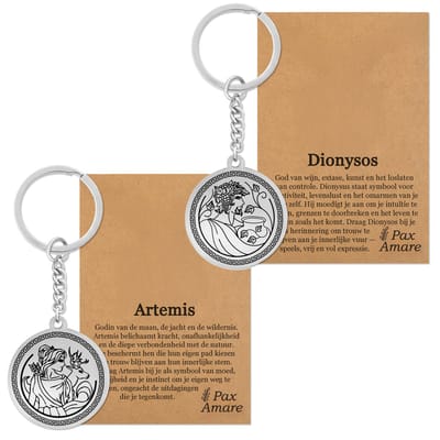 Artemis & Dionysos Sleutelhanger Bundel – Vrijheid & Wildheid - Zilverkleurig Stainless Steel - Griekse Goden Sleutelhangers Set - Pax Amare