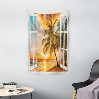 ABAKUHAUS Strandtapijt, Zeepalmenlandschap, Woonkamer Slaapkamer Wanddoek Zijdezacht Satijn Tapijt, 100 x 150 cm, Meerkleurig