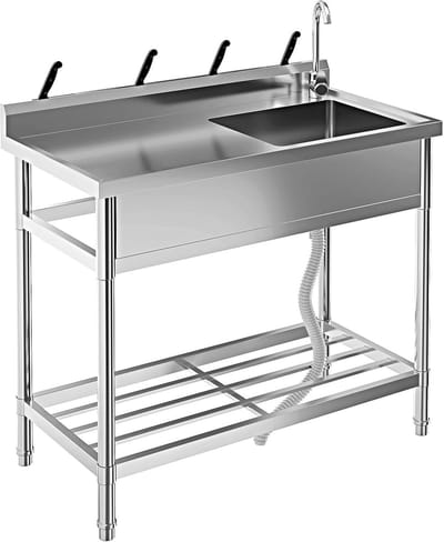 Roestvrijstalen spoelbak 99 x 50 x 95 cm, vrijstaande keukenspoelbak, professionele spoelbak met 1 bak, kraan, voor wasruimte, buitenkeuken, horecakeukens, spoelbakken