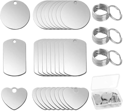 bedelset, 48-delig, met sleutelhanger, blanco, ronde vorm en hart, voor hanger van roestvrij staal en hondenmedaille, gravure, doe-het-zelf, handwerk, feesten, werkplaatsen