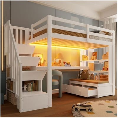 Merax Kinderhoogslaper - 90 x 200 cm - met bureau + planken + 2 lades + opbergladder - MDF + hout - wit