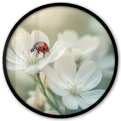 Poster in lijst Rond - Fotolijst 40x40 cm - Posters - Lieveheersbeestje - Bloemen - Wit - Ronde posterlijst zwart - Decoratie - Wanddecoratie woonkamer - Muurdecoratie slaapkamer