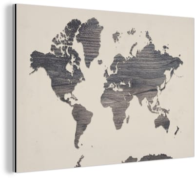 Aluminium schilderij 180x120 cm - Wanddecoratie metaal - Wereldkaart - Grijs - Hout - Metalen muurdecoratie woonkamer - Decoratie industrieel - Foto op dibond - Industriële accessoires slaapkamer