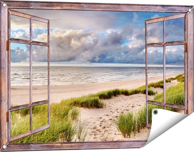 Gards Tuinposter Doorkijk Strand en Duinen met Bewolking - 90x60 cm - Tuindoek - Tuindecoratie - Wanddecoratie buiten - Tuinschilderij