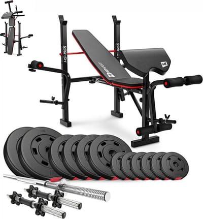 Hop-Sport HS-1055 – Halterbank – Verstelbaar – Met Curlpult en Beencurler – 38 kg Halterset inbegrepen