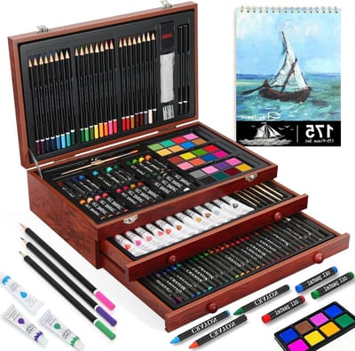 175-delige Kunstset met Houten Koffer, Inclusief Schetsboek, Acrylverf en Kleurpotloden, Perfect Cadeau voor Kinderen en Kunstliefhebbers