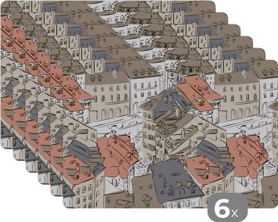 Placemat - Placemats kunststof - Gebouw - Patronen - Steden - 45x30 cm - 6 stuks - Hittebestendig - Anti-Slip - Onderlegger - Afneembaar