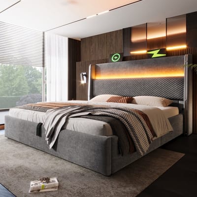 Wishdor Hydraulisch tweepersoonsbed 160x200 cm - Hoofdbord met led & USB-C - Inclusief matras - Linnenlook - Grijs - Slimme opbergruimte