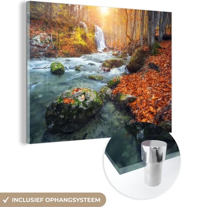 MuchoWow® Glasschilderij 40x30 cm - Schilderij acrylglas - Natuur - Zon - Herfst - Foto op glas - Schilderijen
