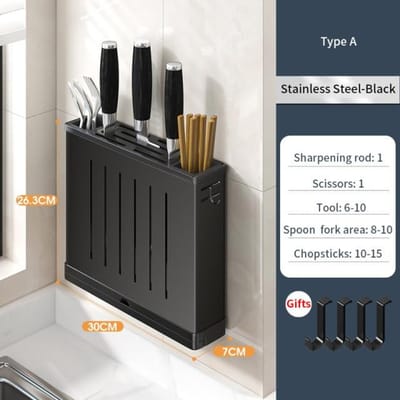 RVS Keukenorganizer Vork Lepel Messenstandaard Houder Snijplank Bestek Opbergplank Afvoer Keukenaccessoires black