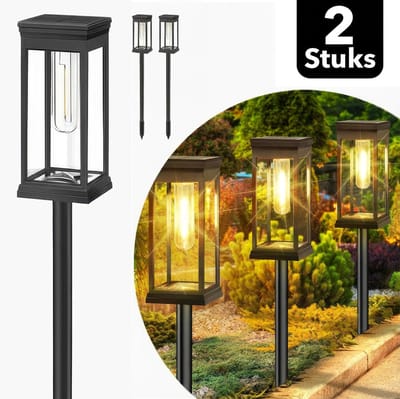 Webzon Solar Tuinverlichting Set van 2 (60x7 cm) - Solar Priklamp op Zonne-energie - LED Warm Wit - 8–12 uur gebruikstijd - Buitenlamp / Tuinlamp / Padverlichting - Lantaarn voor buiten - IP65 Waterdicht - Zwart