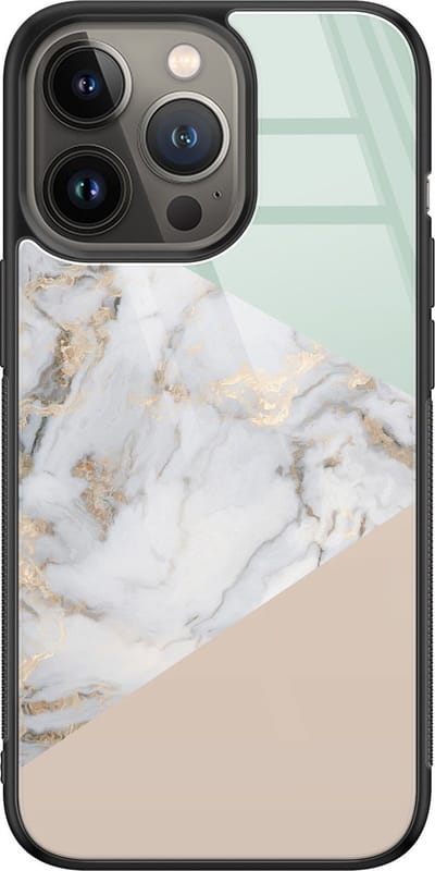 Hoesje geschikt voor iPhone 13 Pro - Marmer pastel mix - Luxe Glazen Hardcase - Marmer - Multi - Leuke Telefoonhoesjes
