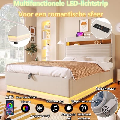 VVBV Gestoffeerd Opbergbed met Hydraulische Opbergruimte 140x200 cm - LED-Verlichting - Linnen Beige - Zonder Matras