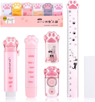 Complete 7-delige Kantoorbenodigdheden Set met Schattige Kattenpootjes, Kawaii Potloodslijper, Correctietape, Gum, Hechtnotes, Liniaal, Mini Schaar en Multifunctionele Cutter in Roze