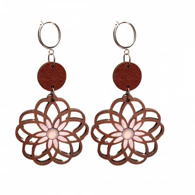Klem oorbellen- bruin- hout- bloem- zilverkleur-geen gaatje-Charme Bijoux