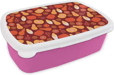 Broodtrommel Roze - Lunchbox - Brooddoos - Pompoen - Maïs - Herfst - Patronen - 18x12x6 cm - Kinderen - Meisje