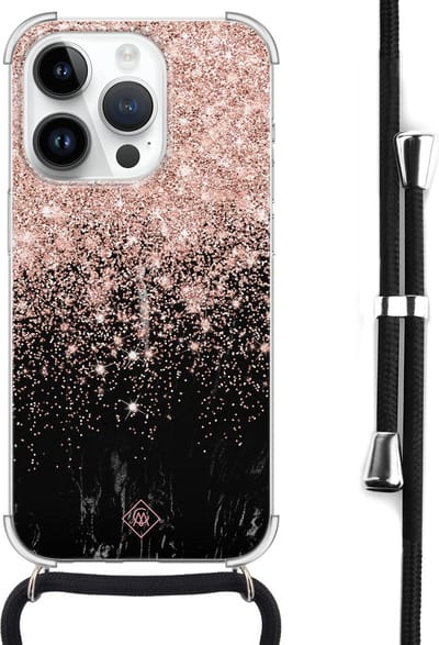 Casimoda® hoesje met koord - Geschikt voor iPhone 14 Pro - Marmer Twist - Afneembaar koord - Siliconen/TPU - Rosekleurig