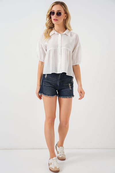 Losse Cropped Knop-Up Shirt met Kraag