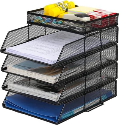 4-laags A4 Mesh stapelbare desk organizer voor documenten, tijdschriften en kantoorbenodigdheden - Zwart