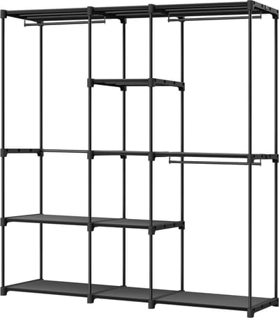 Vrijstaande kapstok met kledingroedes en stoffen planken - 182 x 43 x 182 cm inktzwart