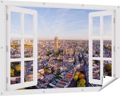Gards Tuinposter Doorkijk Utrecht vanuit de Lucht - 150x100 cm - Tuindoek - Tuindecoratie - Wanddecoratie buiten - Tuinschilderij