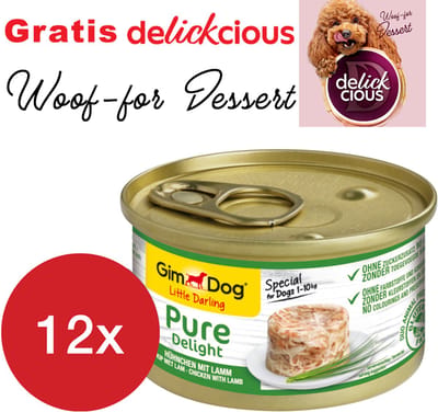 GimDog Little Darling Pure Delight kip en lam 12 stuks met GRATIS Delickcious dessert