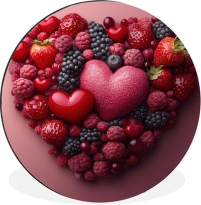 WallCircle - Wandcirkel - Muurcirkel - Fruit - Hartjes - Aardbeien - Frambozen - Bosbessen - Aluminium - Dibond - 60x60 cm - Binnen en Buiten