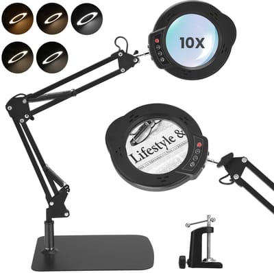 MakkelijkMooi 2-in-1 LED Tafelmodel Vergrootlamp - Bureaulamp - 10X Vergroting – Heldere Dimbare Verlichting – Met Verstelbare Arm