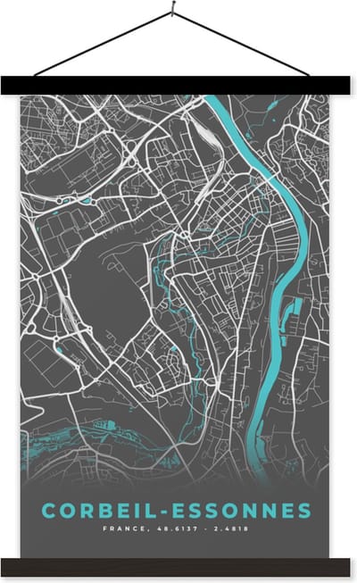 Posterhanger incl. Poster 40x60 cm - Schoolplaat - Corbeil-Essonnes - Frankrijk - Stadskaart - Kaart - Plattegrond - Textielposter - Zwarte latten - Stadskaart