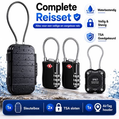 Draagbare Reiskluis met AirTag Houder & 2 TSA Sloten – Waterproof Travel Safe met Stalen Kabel voor Strand, Koffer & Vakantie