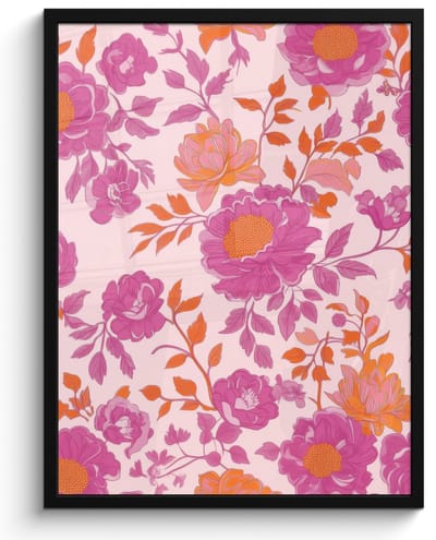 Poster in lijst - Fotolijst 50x70 cm - Posters - Bloemenpatroon - Roze - Oranje - Bloemen - Posterlijst zwart - Decoratie - Wanddecoratie woonkamer - Muurdecoratie slaapkamer