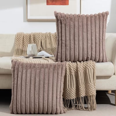 MIVRAY Kussenslopen – Kussensloop Set Met Fluweel, Sierkussenslopen Voor Sofa, Slaapkamer En Bureau, Zachte Gestreepte Kussenslopen – Lichtbeige – 50x50 cm