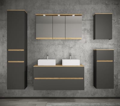 VCM 6-tlg. Doppelwaschtisch Cosila mit 2 Keramikbecken – Badschrank H. 51 x B. 111 x T. 51 cm mit 2 Softclose-Schubladen, Spiegelschrank mit Beleuchtung & Steckdose, Midi und Hängeschrank, Waschplatz Set Cosila-A