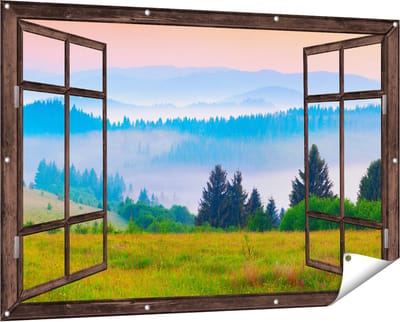 Gards Tuinposter Doorkijk Mistige Heuvel Landschap met Bossen - 150x100 cm - Tuindoek - Tuindecoratie - Wanddecoratie buiten - Tuinschilderij