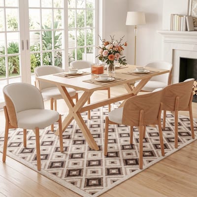 Eetkamerstoelen - Set van 6 - Massief houten eetkamerstoel - Moderne stoel - Linnen stoel - Comfortabele stoel - Ademend zitmeubel - Woonkamerstoel - Keukenstoel - Café stoel - Houten stoel - Scandinavische stijl - Natuurhoutkleur