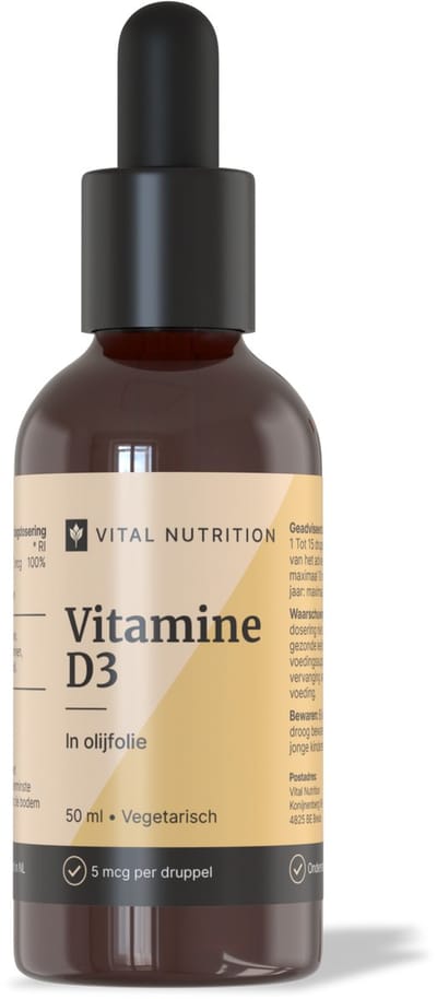 Vital Nutrition Vitamine D3 in Olijfolie - Vloeibaar - Druppels - Extra vierge olijfolie - 5 mcg per druppel - Geschikt voor baby's en kinderen - 50 ml