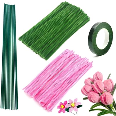 Tulpenbloemen Boeket met 200 Stuks in 2 Kleuren (Roze, Blad), Chenille Draad voor Creatieve Knutselprojecten, Decoratie en Bruiloftscadeaus