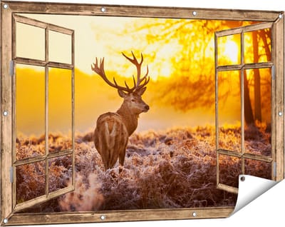 Gards Tuinposter Doorkijk Hert in Bos tijdens de Zonsopkomst - 120x80 cm - Tuindoek - Tuindecoratie - Wanddecoratie buiten - Tuinschilderij
