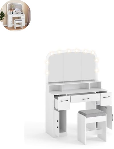 Kaptafel met spiegel en verlichting - Make up tafel - Make up - Toilettafel -Met lades - Kaptafels - Met kast - Wit