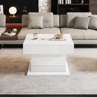 MODFU Salontafel - Draaibaar En In Hoogte Verstelbaar - Modern - Voor Woonkamer - Spanplaat - Wit - 70 X 70 X 45 Cm