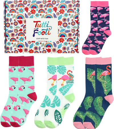 Tutti Footi - Cadeau Set Dames Sokken met roze Flamingo's - 4 paar in cadeauverpakking - Tropische Sokken/Dieren/Vogels