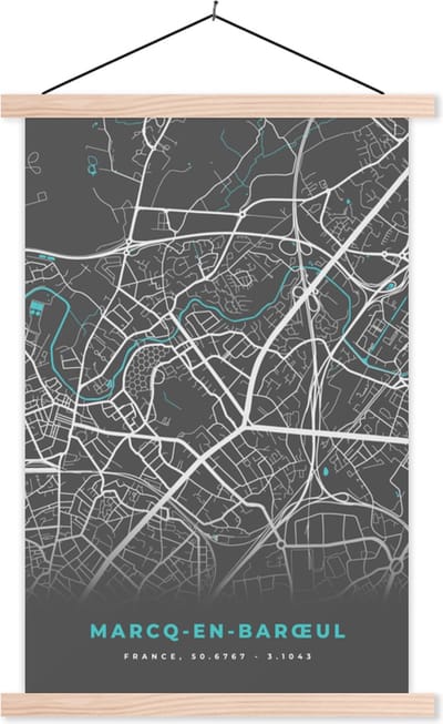 Posterhanger incl. Poster 40x60 cm - Schoolplaat - Marcq-en-Barœul - Stadskaart - Kaart - Plattegrond - Frankrijk - Textielposter - Blanke latten - Stadskaart