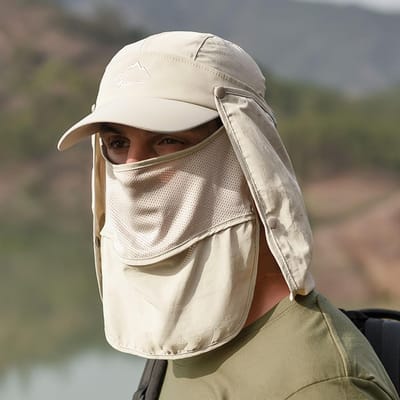 Unisex multifunctionele zonneklephoed, 360 graden zonnebrandcrème, verwijderbare gezichtsbedekking, nekflap, ademend One Size beige