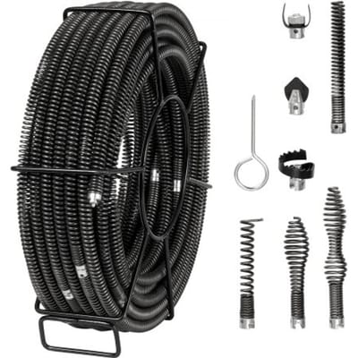 VEVOR Rioolreinigingsspiraal 30 m x 16 mm, Professionele Rioolreinigingskabel met 7 snijmessen voor 20-100 mm buizen, Holle Kern Rioolspiraal voor Gootsteen, Vloerafvoer, Toilet